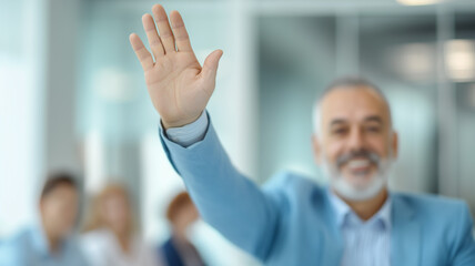 Hands raised during an office meeting, indicating active participation and engagement.