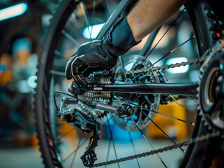 Close Up Of A Mechanic Adjusting A Bicycle Rear Derailleur In A Workshop