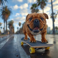 Adorable brown dog skateboarding on a wet street with palm trees in the background under a cloudy...