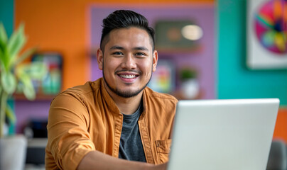 young Filipino man working on laptop in a modern colorful office/ work from home, remote worker / digital nomad
