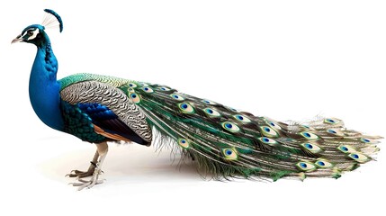 Obraz premium Regal Peacock with Fully Fanned Tail Feathers on White Background