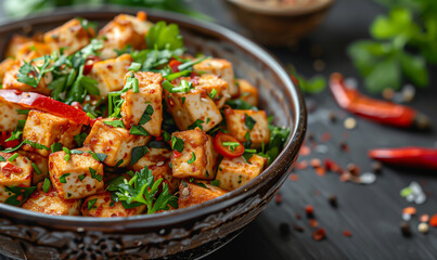 spicy fried tofu salad in a bowl seen from above 