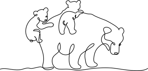 Mother bear walk with two cubs. Big bear family. Mom and kids concept.