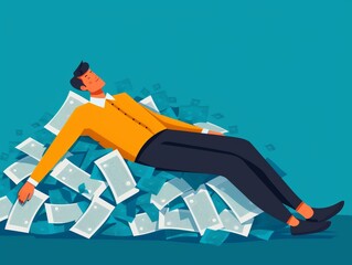 Debt overload, man buried under bills, flat design illustration