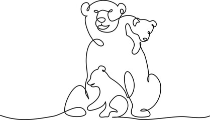 Mother bear sits with two cubs. Big bear family. Mom and kids concept.