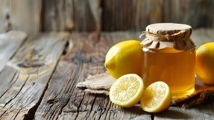 A jar of honey next to freshly sliced lemons