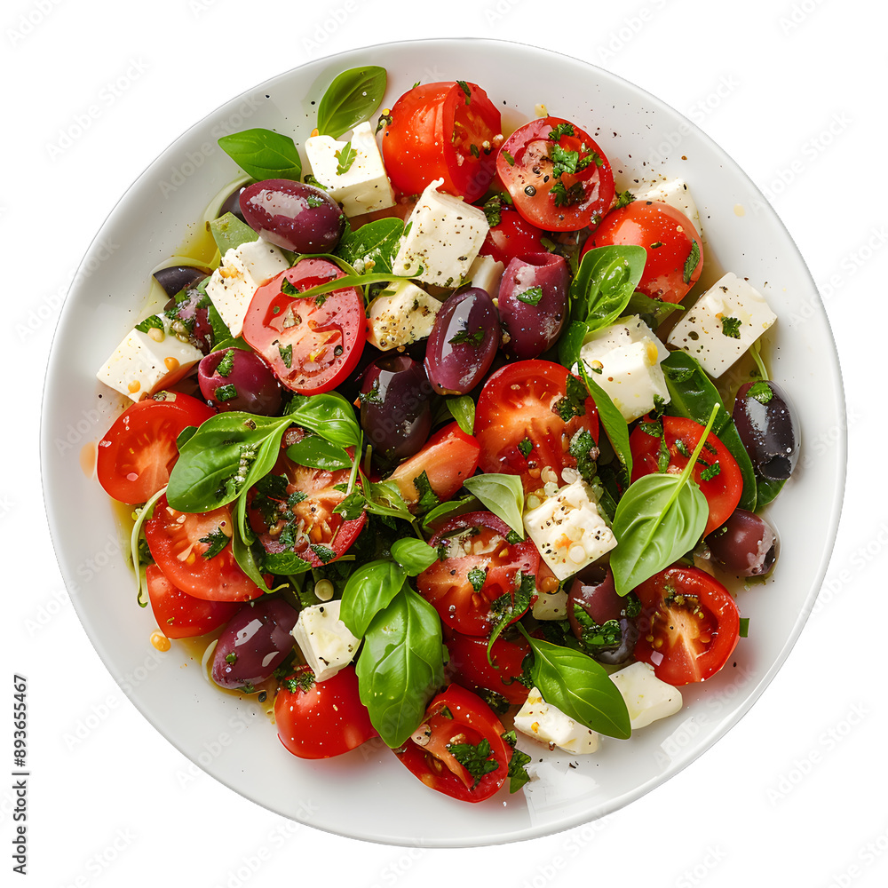 Wall mural [transparent background png]top view of a salad with tomatoes, mozzarella cheese, olives and basil l