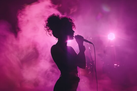 Silhouette of a female singer performing on the Stage, holding the microphone, pink smoke, and illuminated backlit stage