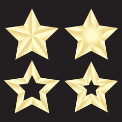 Gold star icons. Black background. Various styles. Vector illustration.