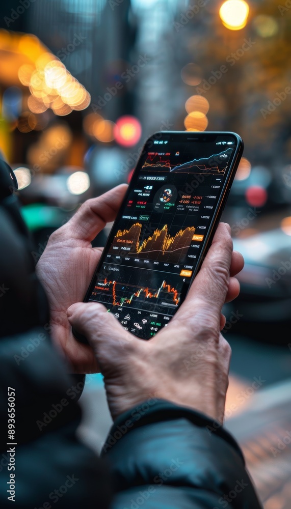 Poster trader analyzing cryptocurrency market data on smartphone for real-time investments