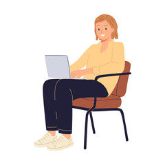 Happy woman studying, working at laptop computer. Business person, female professional, student at PC.