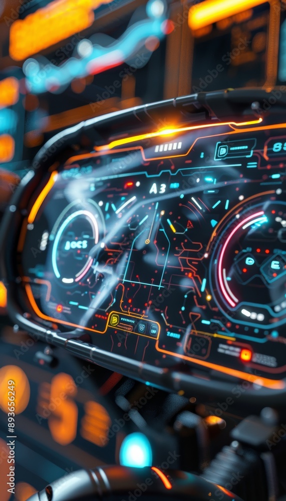 Poster bright futuristic dashboard with high-tech infographic displays for virtual reality training module 