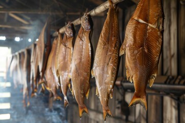 Smoked fish hanging in smokehouse