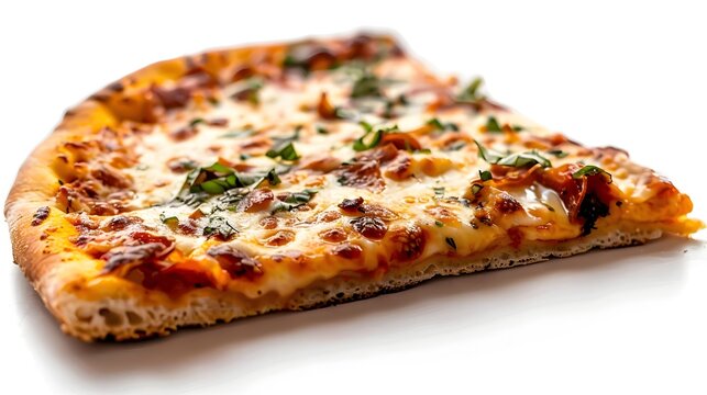 Closeup of Delectable Gourmet Pizza Slice with Melted Cheese and Toppings on White Background