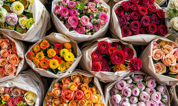 colorful bouquets seen from above in a market 