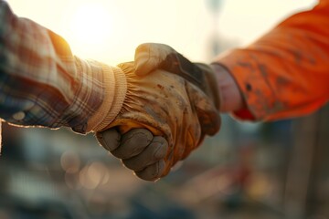 Close-up of a handshake between a construction worker and a foreman on a sunny day at a construction site