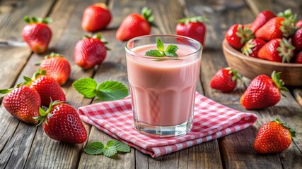 Delicious Strawberry Smoothie with Fresh Mint on Rustic Wooden Table.