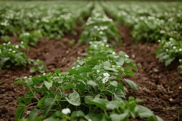 Obraz premium Field of blooming potato plants, showcasing lush green leaves and delicate white flowers, with a rich, earthy background