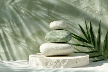 Fototapeta premium stone display flat lay podium on green background and palm shadow. Product promotion Beauty cosmetic
