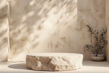 stone display flat lay podium on green background and palm shadow. Product promotion Beauty cosmetic