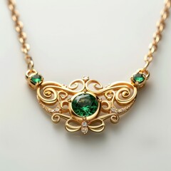 Elegant Eastern Minimalism: Emerald Gold Necklace on Isolated White Background