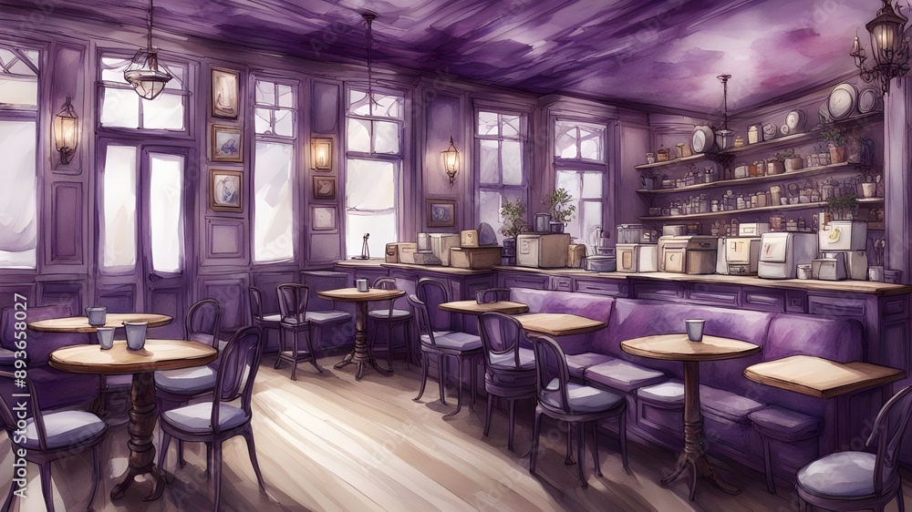 Poster cafe with purple wooden style