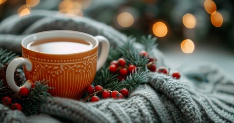 Warm Winter Cup of Tea with Holiday Decoration