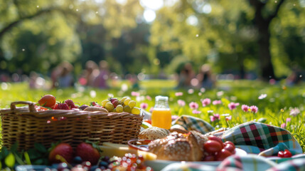 Close-up of a picnic basket filled with fruits, bread, and juice, on a sunny day in a park with blurred background.