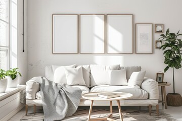 Fototapeta premium Sunny and bright space of living room with stylish sofa, pillows, coffee table, mock up poster frames
