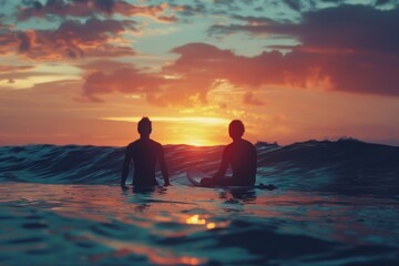 Fototapeta premium Sunset surf session - two silhouetted surfers