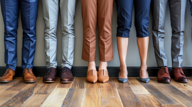 A lineup of six people's legs and feet, all wearing different styles of dress shoes, on a wooden floor.