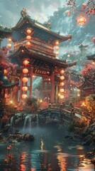 Fototapeta premium The 3D illustration showcases an Asian-style building in a serene garden with red lanterns, bridges, waterfall, and trees, evoking a tranquil and historical Japanese or Chinese ambiance..