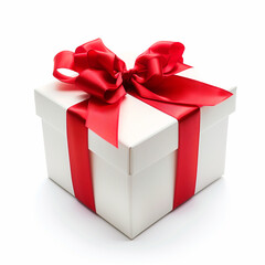 Obraz premium A white gift box with a red ribbon and a bow on a simple background. A scarlet bow on the gift.