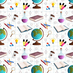 Seamless pattern with a school and education cute stickers template set. Flat vector illustration of set of school and office supplies on a white background with figures and dashed lines.