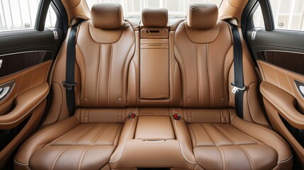 Brown rear leather seats of a modern business class car. Luxury car interior