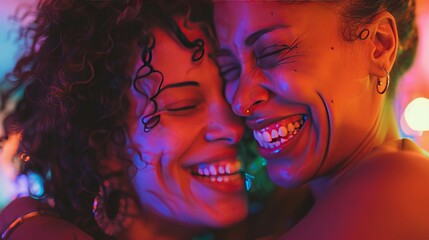 Obraz premium Close-up of a lesbian couple laughing together in warm sunset light with bokeh effect