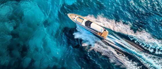 Fototapeta premium A motorboat is shown from a high angle, cutting across the deep blue sea and leaving behind white trails resembling the crests of waves.