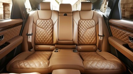 Obraz premium Brown rear leather seats of a modern business class car. Luxury car interior