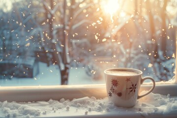 view out the frozen window winter season snowy sunny day coffee cup