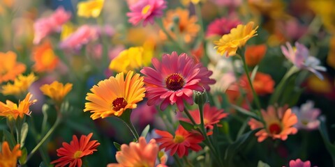 Colorful Flower Field In The Sunset