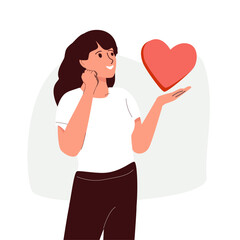 Woman giving heart, sharing love, helping hand gesture. Volunteer donation concept. Happy kind generous female