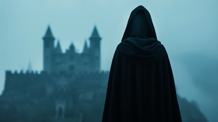 A gothicinspired wallpaper featuring dark castles and looming figures in cloaks, evoking the mysterious and the unknown of Symbolism