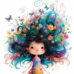 Whimsical Cartoon Girl with Vibrant Colorful Hair and Fantasy Elements – Children’s Illustration