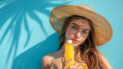 young woman in a straw hat holding a yellow sunscreen bottle against a blue background with tropical leave shadows, mockup, and sun protection