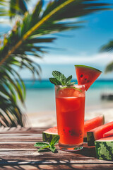 Obraz premium Tropical watermelon mint drink by the beach, summer vacation
