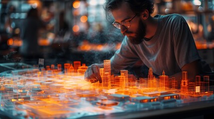 An architect designing a building model in a holographic workspace 