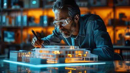 An architect designing a building model in a holographic workspace 