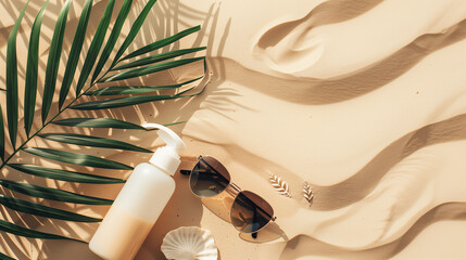 Naklejka na ściany i meble top view of a blank unbranded sunscreen bottle and a pair of sunglasses on a sandy beach background
