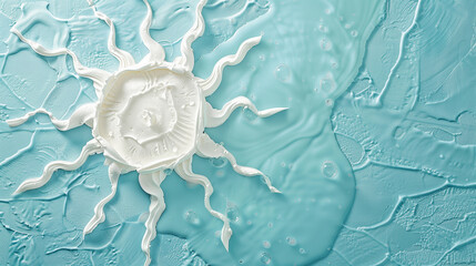 A sun symbol artistically created with sunblock lotion on a blue background with water, promoting the message of sun safety