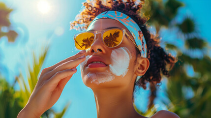 A woman of mixed race wearing a colorful headband and sunglasses with sunscreen on her cheeks against tropical beach background